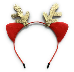 Girls Red Cat Ear Gold Glittery Reindeer Antlers Christmas Deer Ears Headband School