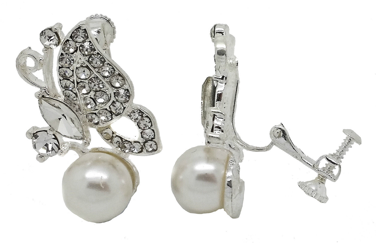 Butterfly Crystal and Pearl Silver Crystal Clip On Stud  Earrings caprilite online store UK Weddings