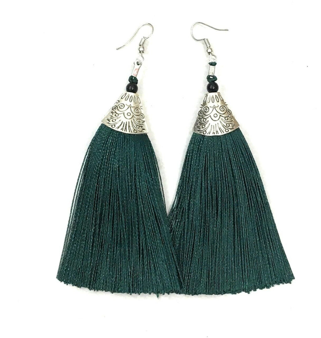 Emerald Green Long Funky Tassel Chandelier Silver Dangle Party Earrings - Pierced or Clip On