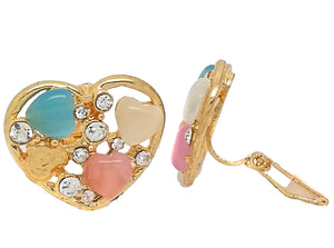 Heart Stones Non-Pierced Crystal Gold Stud Diamante Clip On Earrings CZ Gatsby uk for women kids girls