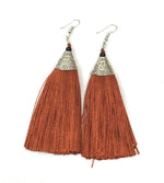 Burnt Orange Long Funky Tassel Chandelier Silver Dangle Party Earrings - Pierced or Clip On