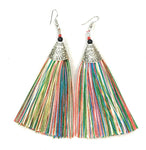 Colourful Rainbow Long Funky Tassel Chandelier Silver Dangle Party Earrings - Pierced or Clip On