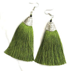 Lime Green Long Funky Tassel Chandelier Silver Dangle Party Earrings - Pierced or Clip On