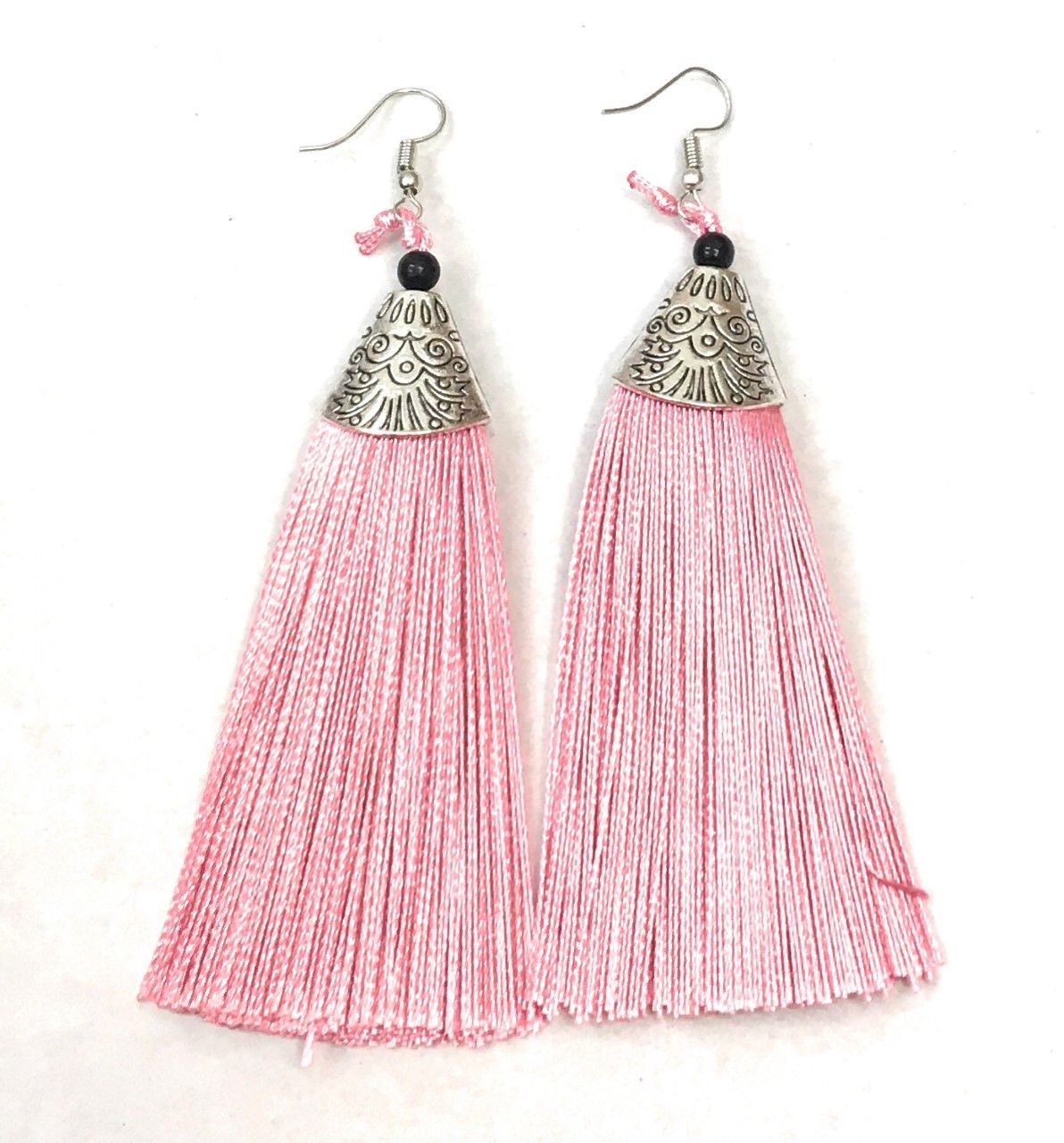 Dusty Pink Long Funky Tassel Chandelier Silver Dangle Party Earrings - Pierced or Clip On