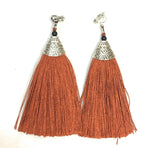 Burnt Orange Long Funky Tassel Chandelier Silver Dangle Party Earrings - Pierced or Clip On