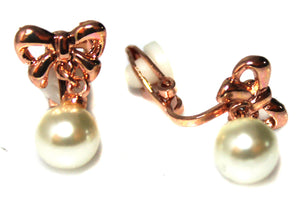 Classic Rose Gold Tone Bow w/ Pearl Drop Girls Womans CLIP ON Earrings Caprilite UK online shop kids