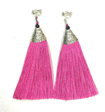 Fuchsia Pink Long Funky Tassel Chandelier Silver Dangle Party Earrings - Pierced or Clip On