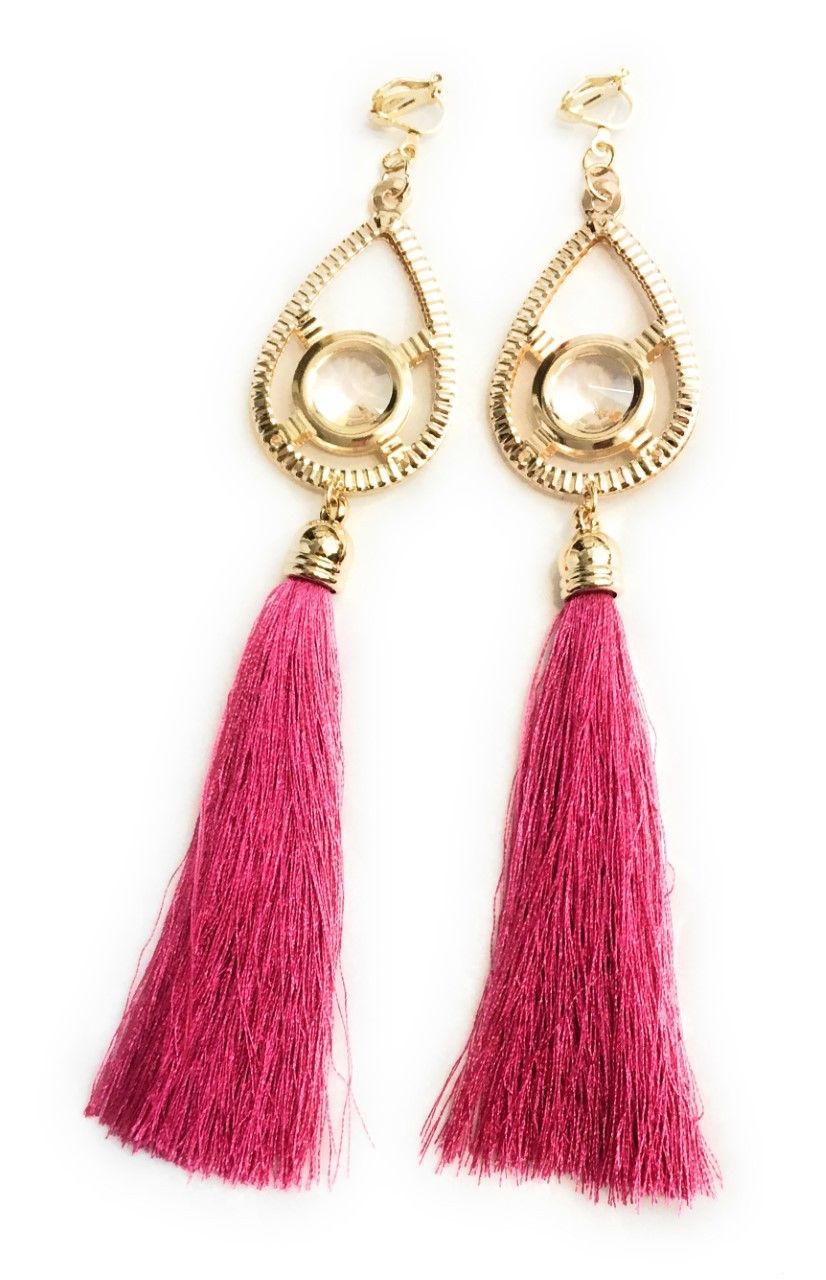 Fuchsia Hot Pink Super Long Funky Tassel Chandelier Dangle Party Earrings - Pierced or Clip On