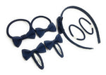 7 PIECE SCHOOL COLOURS Hair Bow Snap Clips SET ALICE BAND PONIOS PonyTail Holder Headband - Navy Blue