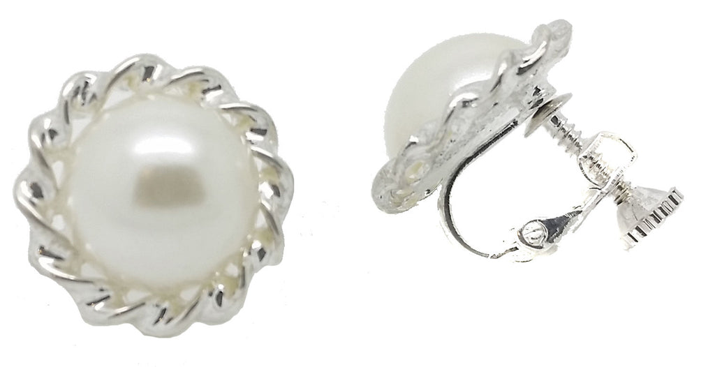 Caprilite Clip On Earrings UK Online : Silver Rim Pearl Round Clip On Earring Screw Back Stud