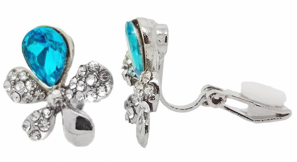 Turquoise Flower Silver Crystal Clip On Stud  Earrings Suitable for Women Ladies Girls Children Kids Caprilite UK Online Shop