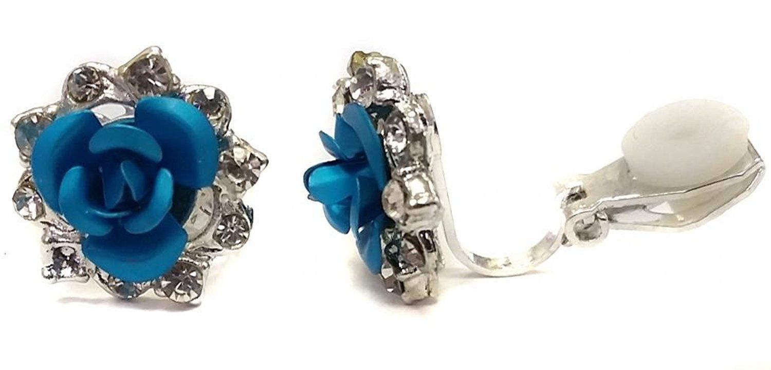 Silver Rose Crystal Clip On Earrings Stud Earrings Childrens Girls Womens Bridal
