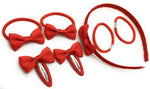  7 PIECE SCHOOL COLOURS Hair Bow Snap Clips SET ALICE BAND PONIOS PonyTail Holder Headband - Red