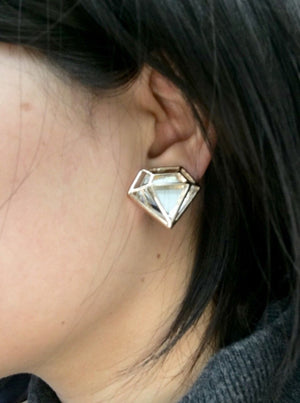Gold Tone Diamand Shape Superwoman Diamante CLIP ON Earrings Studs model worn