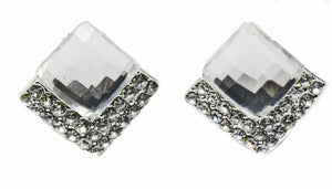 Square Rhombus Non-Pierced Crystal Silver Stud Diamante Clip On Earrings CZ