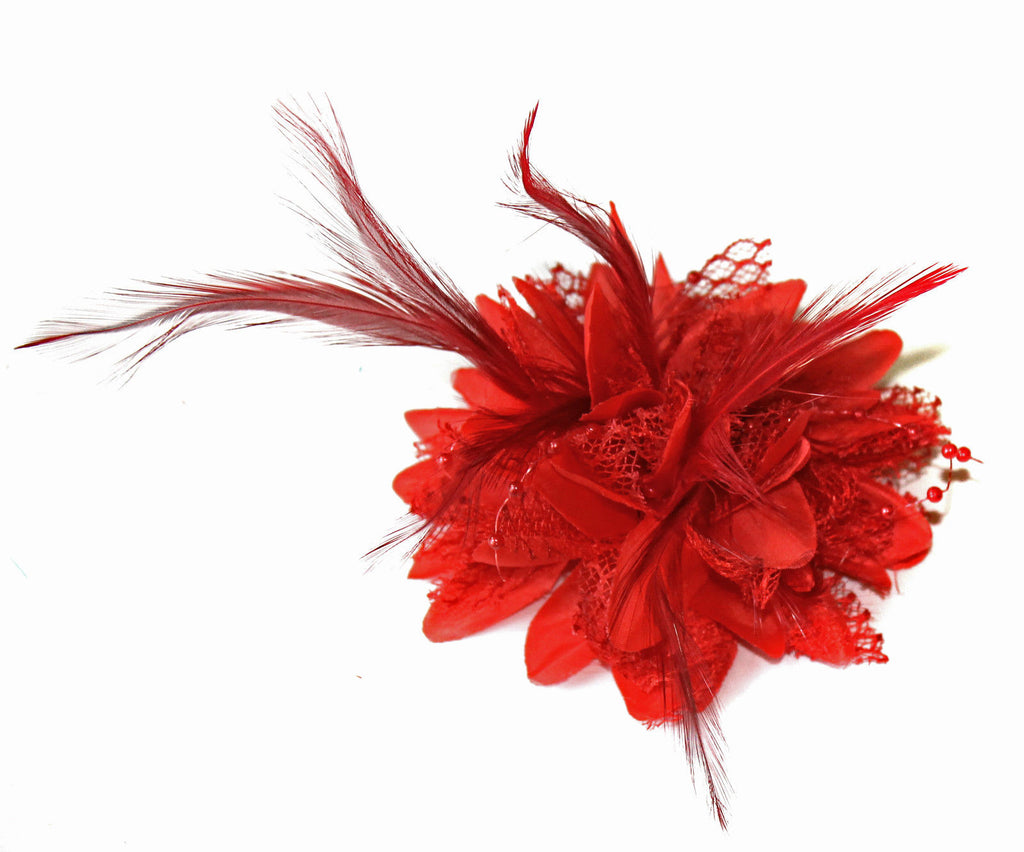 Scarlet red fascinator for weddings small on clip UK