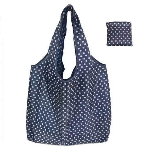 X Large Reusable Foldable Ladies Shopping Bag Eco Tote Handbag Fold Away Bag - Navy Polka Dot