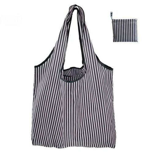 X Large Reusable Foldable Ladies Shopping Bag Eco Tote Handbag Fold Away Bag - Black and White Stripes