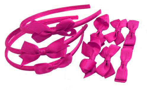 Fuchsia Hot Pink 9 Set Headband and Clips Girls Kids Small Hair Bow Slides Gripes - School Uniform Colours Grosgrain Ribbon alice band