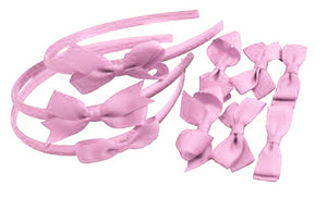 Baby Pink 9 Set Headband and Clips Girls Kids Small Hair Bow Slides Gripes - School Uniform Colours Grosgrain Ribbon alice band