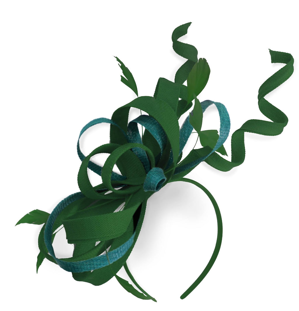 Caprilite Vert et Sarcelle Mariage Swirl Fascinator Bandeau Alice Band Ascot Races Loop Net