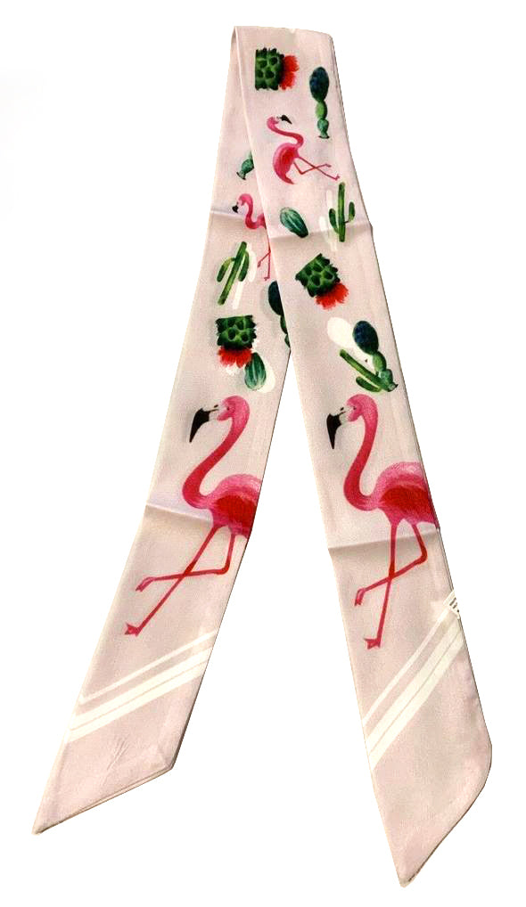 Womens 90cm Long Reversible Skinny Scarf Faux Silk Head Scarves Bag Charm Bow[Flamingo & Cactus]