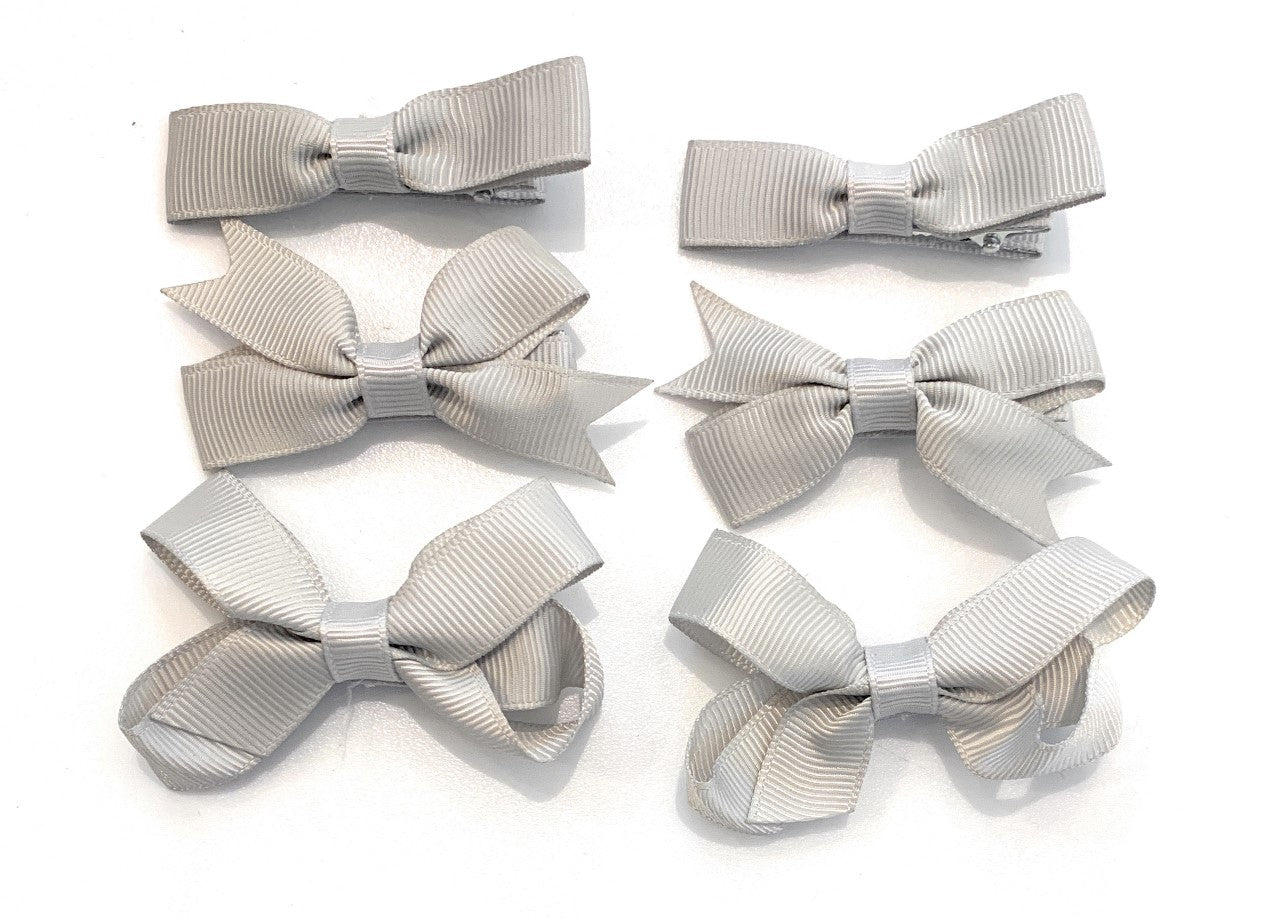 6 PIECE /3 Pairs SET Girls Small Hair Bows Grosgrain Ribbon Clips School Colours - Silver / Light Grey Wedding Party