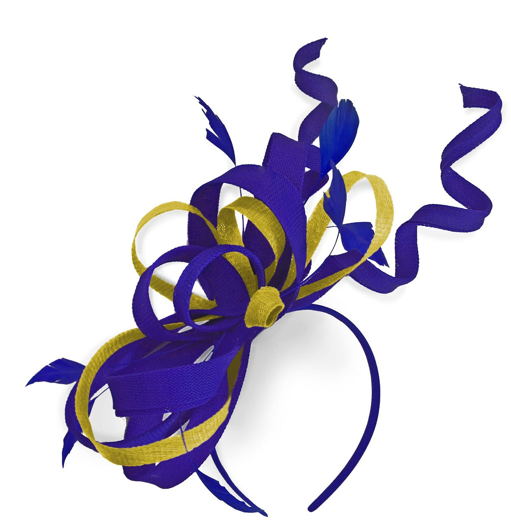 Caprilite Royal Blue and Yellow Wedding Swirl Fascinator Headband Alice Band Ascot Races Loop Net